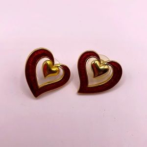 Vintage Avon Gold Tone Red Double Heart Statement Earring